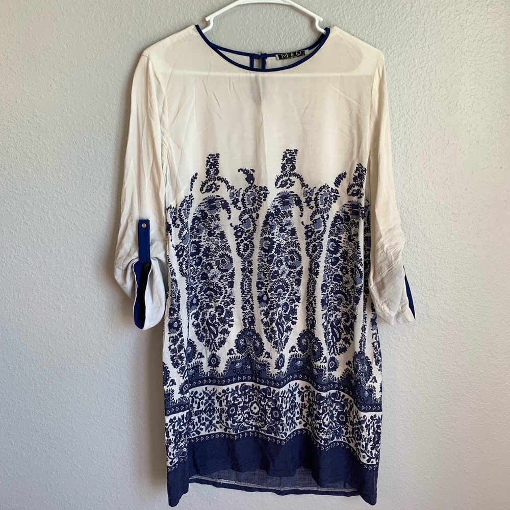 M&W Collection Blue & White Semi Sheer Dress
